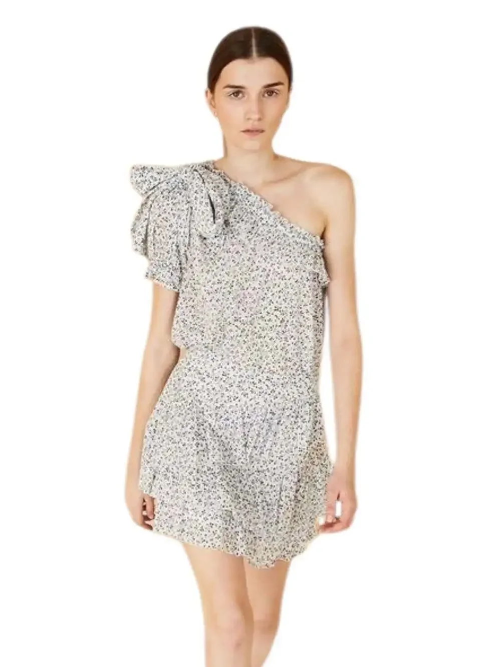 Ulla Johnson Alene Printed Ruffle One-Shoulder White Blue Blouse Top Size 6
